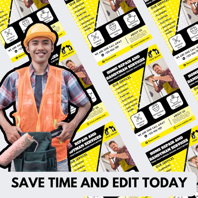 May include: A flyer advertising home repair and handyman services. The flyer is yellow and black with a cartoon image of a toolbox and wrench. The text on the flyer reads "Home Repair and Handyman Services" and lists services such as carpentry, plumbing, painting, electrical, decorating, and more. The flyer also includes a phone number and website address.