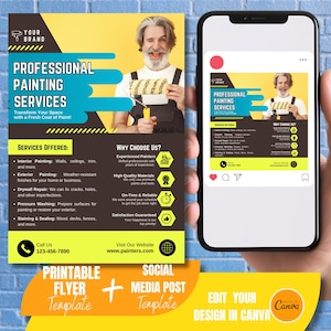 Op de afbeelding: Een flyer-sjabloon voor een professionele schilderservice. De flyer is geel en zwart met een afbeelding van een schilder die een verfroller vasthoudt. De flyer bevat de tekst "Professionele schilderdiensten", "Aanbod", "Waarom voor ons kiezen?", "Bel ons", "Bezoek onze website", "Afdrukbare flyer-sjabloon" en "Sjabloon voor social media-berichten".