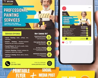 May include: A flyer template for a professional painting service. The flyer is yellow and black with a picture of a painter holding a paint roller. The flyer includes the text "Professional Painting Services", "Services Offered", "Why Choose Us?", "Call Us", "Visit Our Website", "Printable Flyer Template", and "Social Media Post Template".
