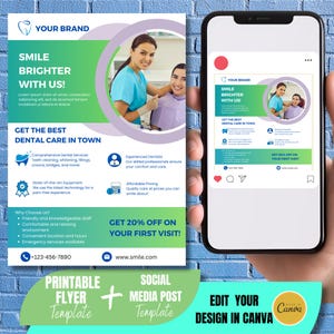 Flyer Design für Zahnärzte. Werbung für zahnbehandlungen. Digitaler Flyer und druckbares Flyerlayout. Vorgefertigter Canva editierbarer Flyer