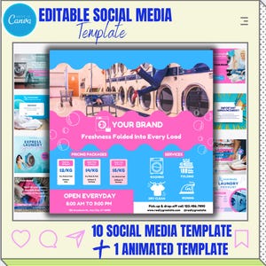 Modelo de mídia social para serviço de lavanderia, design personalizável. Design Canva pré-fabricado. Kit de mídia social para serviço de lavanderia, editável e fácil de usar