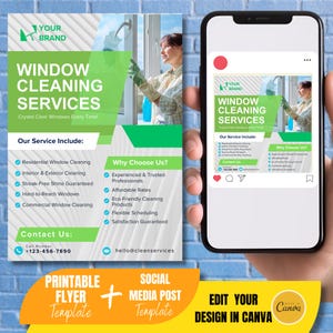 May include: A green and white flyer template for window cleaning services. The flyer includes the text "Window Cleaning Services", "Crystal Clear Windows Every Time!" and "Our Service Include:". The flyer also includes a list of services offered, such as residential window cleaning, interior and exterior cleaning, streak-free shine guaranteed, hard-to-reach windows, and commercial window cleaning. The flyer also includes a section titled "Why Choose Us?" with a list of reasons to choose the company, such as experienced and trusted professionals, affordable rates, eco-friendly cleaning products, flexible scheduling, and satisfaction guaranteed. The flyer also includes a contact section with a phone number and email address. The flyer is designed to be printed and used as a marketing tool for window cleaning services.