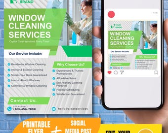 May include: A green and white flyer template for window cleaning services. The flyer includes the text "Window Cleaning Services", "Crystal Clear Windows Every Time!" and "Our Service Include:". The flyer also includes a list of services offered, such as residential window cleaning, interior and exterior cleaning, streak-free shine guaranteed, hard-to-reach windows, and commercial window cleaning. The flyer also includes a section titled "Why Choose Us?" with a list of reasons to choose the company, such as experienced and trusted professionals, affordable rates, eco-friendly cleaning products, flexible scheduling, and satisfaction guaranteed. The flyer also includes a contact section with a phone number and email address. The flyer is designed to be printed and used as a marketing tool for window cleaning services.