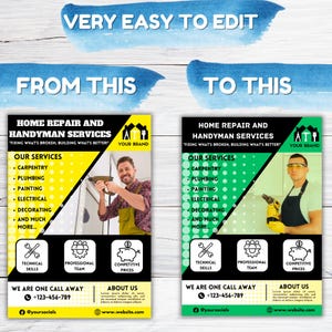 May include: A black and yellow flyer advertising home repair and handyman services. The flyer features a photo of a man using a drill and lists services such as carpentry, plumbing, painting, electrical, decorating, and more. The flyer also includes contact information and a website address.