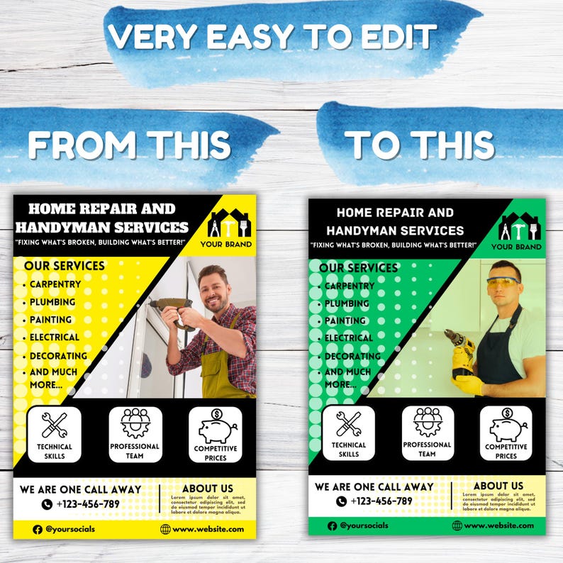 May include: A black and yellow flyer advertising home repair and handyman services. The flyer features a photo of a man using a drill and lists services such as carpentry, plumbing, painting, electrical, decorating, and more. The flyer also includes contact information and a website address.
