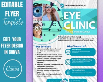 May include: A blue and green flyer for an eye clinic. The flyer has a picture of an eye chart and a person looking through an eye exam tool. The text on the flyer says "Eye Clinic" and "See the world clearly". The flyer also lists services offered by the clinic, such as comprehensive eye exams, prescription glasses and contact lenses, cataract evaluation and surgery, glaucoma screening, laser vision correction, and pediatric eye care.