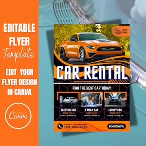 Modelo de folheto para aluguel de carros. Personalize e imprima instantaneamente. Modelo moderno de folheto para aluguel de carros - Design editável para serviços de aluguel de veículos.