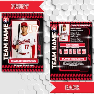 May include: Baseball trading card featuring a player in a red and white uniform, holding a bat. The card includes player information, statistics, and highlights. The front of the card says "FRONT" and the back says "BACK".