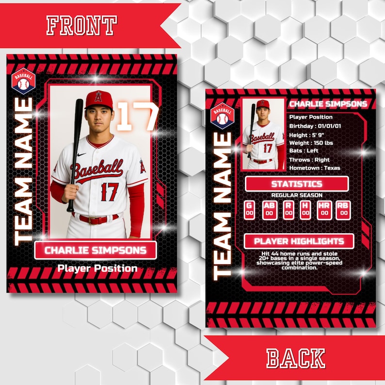 May include: Baseball trading card featuring a player in a red and white uniform, holding a bat. The card includes player information, statistics, and highlights. The front of the card says "FRONT" and the back says "BACK".