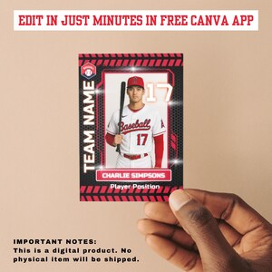 May include: A baseball card featuring a player in a red and white uniform, holding a bat. The card has a black and red border with the text "TEAM NAME" and "CHARLIE SIMPSONS". The number "17" is prominently displayed. Text at the top reads "EDIT IN JUST MINUTES IN FREE CANVA APP".