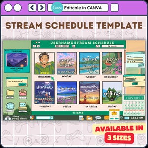 Aanpasbare sjabloon voor streamschema voor Twitch-, YouTube- en gamestreamers. Vooraf gemaakt canvasontwerp. Sjabloonlay-out wekelijks streamschema