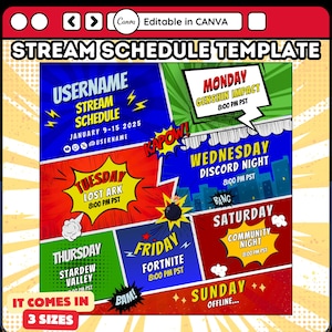 Comics theme stream schedule template. Editable weekly stream schedule for Twitch, YouTube, & Gaming Streamers. Premade Canva template.