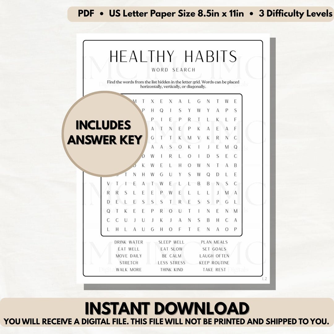 Healthy Habits Word Search Puzzle | Family Fun (PDF Downloadable File ...