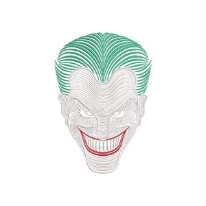 May include: Line art illustration of a Joker face with green hair and a red smile.