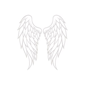 Pode incluir: Ilustração simétrica de asas de anjo, delineadas em cinza claro sobre fundo branco. As asas apresentam padrões detalhados de penas, ideais para projetos de artesanato ou decoração.