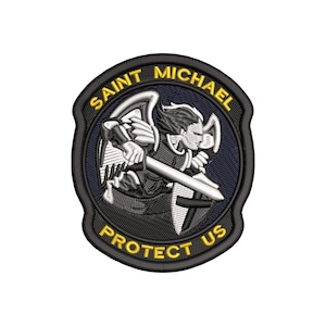 May include: A black and navy blue embroidered patch with a silver angel holding a sword and a cross. The patch has the words "SAINT MICHAEL PROTECT US" in yellow lettering.