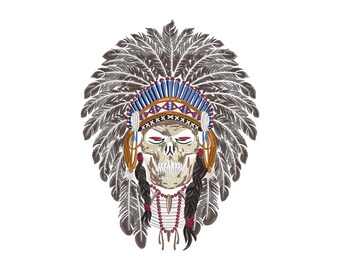Indian Skull, Indian Head Skull Embroidery Design. Skull Machine Embroidery Design. Digitized embroidery