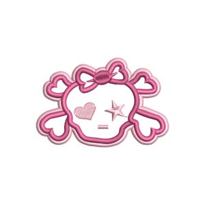 May include: Pink skull with a bow, a heart, and a star. The skull is outlined in a darker pink.