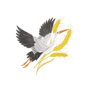 以下が含まれることがあります： 白、グレー、黒で描かれた、飛んでいるコウノトリの刺繍デザイン。 コウノトリはオレンジ色のくちばしと脚を持っています。 金色の麦の穂が鳥を囲み、白い背景に配置されています。