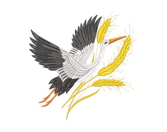 Ukrainian Stork and Wheat Embroidery Design, embroidery stork flying, stork and wheat, Digitized embroidery