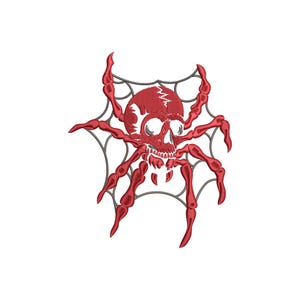 May include: Embroidered red spider with a skull-shaped head and eight legs. The spider is set against a gray web background, creating a spooky and detailed design. This image is suitable for Halloween-themed crafts and apparel.