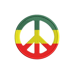 May include: A peace sign with a red, yellow, and green color scheme. The peace sign is a symbol of peace and harmony.