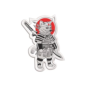 May include: Embroidered iron-on patch featuring a white cat dressed as a samurai warrior, holding a sword. The cat is standing in front of a red circle, resembling a rising sun.