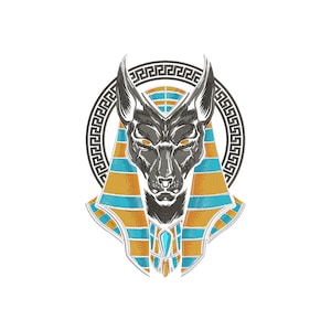 May include: Anubis, the jackal-headed Egyptian god of the dead, is depicted in a black and white illustration wearing a gold and blue pharaoh's headdress. The headdress is adorned with a geometric pattern. The image is surrounded by a black and white geometric border.