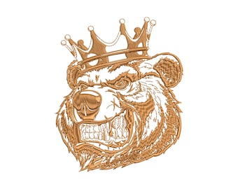 May include: A brown bear head with a gold crown on top. The bear has a fierce expression with its teeth showing.