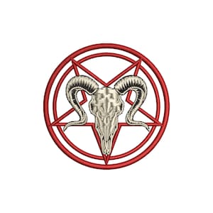 May include: Embroidered patch featuring a ram skull within a red pentagram and a surrounding circle. The skull is detailed with curved horns and a neutral color, set against a white background. The design is suitable for apparel.