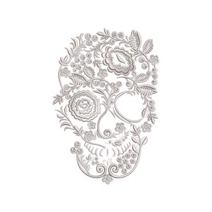 May include: A detailed, grayscale illustration of a skull composed of floral and botanical elements. The design features flowers, leaves, and berries, creating an intricate and decorative pattern. The skull's features are subtly defined within the floral arrangement.