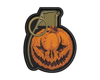 Design for Embroidery Halloween Jack-O-Lantern Grenade, one size. Digitized embroidery