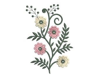 花柄刺繍デザイン、ヴィンテージ風野花の枝、植物の花、即時ダウンロード