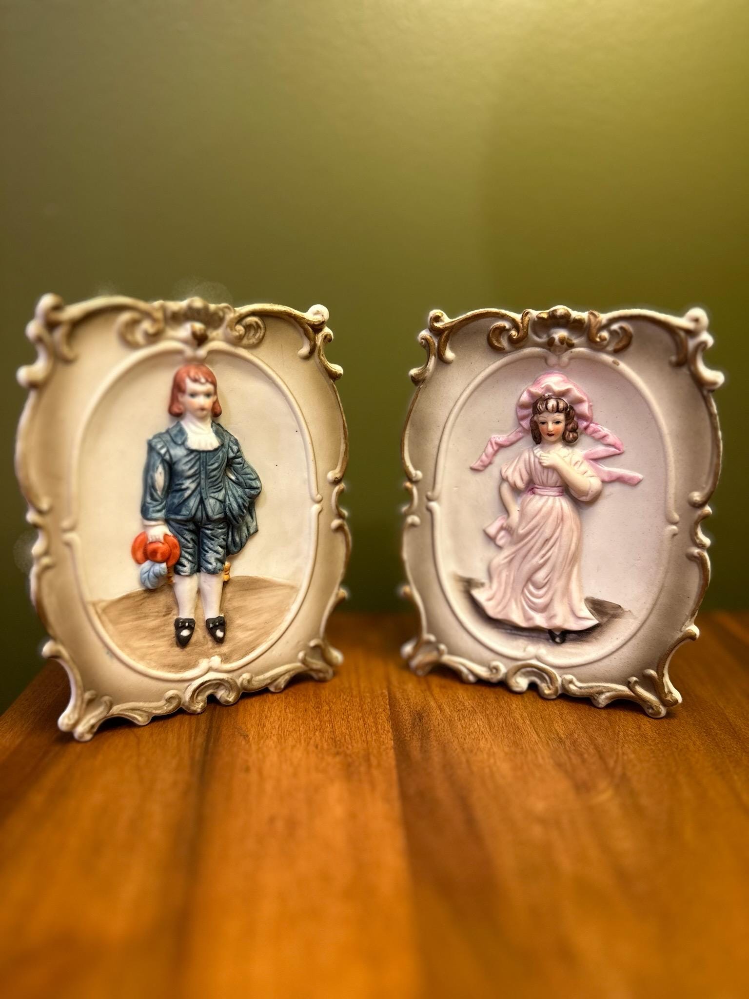 Blueboy and Pinky 3D Wall Bisque Bud Vase Vintage Antique 1950s Wall Decor