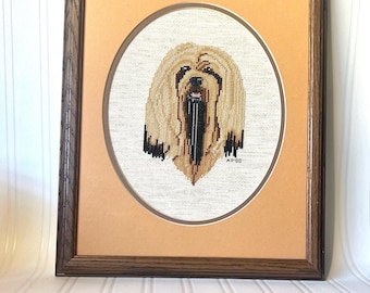 Lhasa Apso Cross Stitch Framed Art Handmade Cottage Cute Vintage Pet Dog Dog Lover Animal Lover