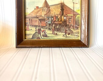 Train station artwork framed wood frame cute vintage cottage