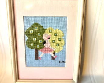 Pink girl cross stitch handmade framed cottage Core girly pink