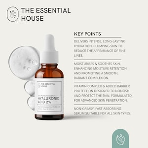 May include: A brown glass bottle of hyaluronic acid serum with a white dropper. The label reads "HYALURONIC ACID 2%" and "THE ESSENTIAL HOUSE". The image includes a graphic of bubbles and text about the product's benefits.