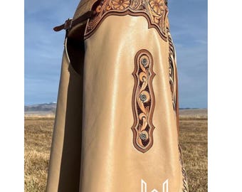 Basketweave Tooled Leather Western Chinks: Beige NDM Softy Cowhide