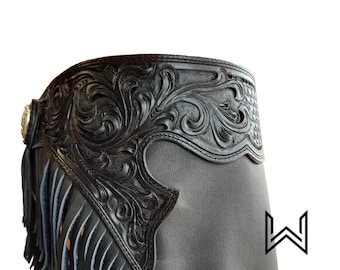 Black Leather Western Shotgun Chaps – Custom Size Ranch Riding Chaps
