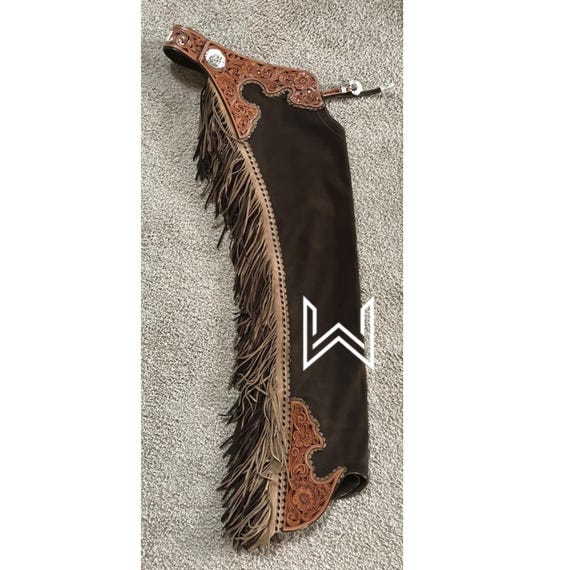 Dark Brown Suede Leather Western Chaps: 6-Inch Fringes