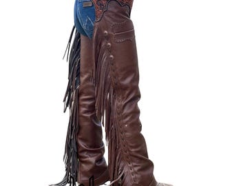 Custom Brown Leather Shotgun Chaps – Western Fringed Riding Chaps
