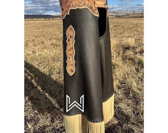 Black Leather Western Chinks: 6-Inch Fringes, Custom Fit