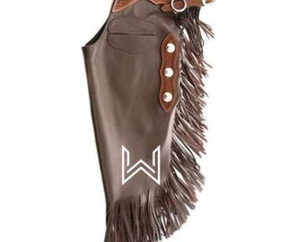 Dark Brown Leather Western Chinks: 6-Inch Fringes, Custom Fit