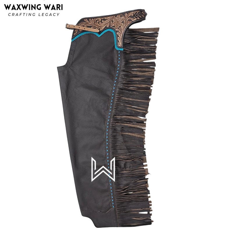 Dark Brown Leather Shotgun Chaps – Custom Western Riding Chaps with Fringes image 2