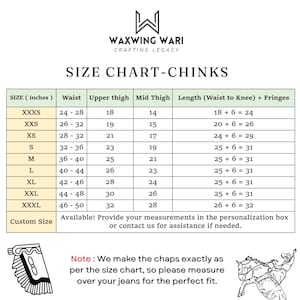 Op de afbeelding: Maattabel voor chinks, een type leren chaps, met maten in inches voor taille, bovenbeen, middenbeen en lengte. De tabel bevat maten van XXXS tot XXXL, met een optie voor een maat op maat.