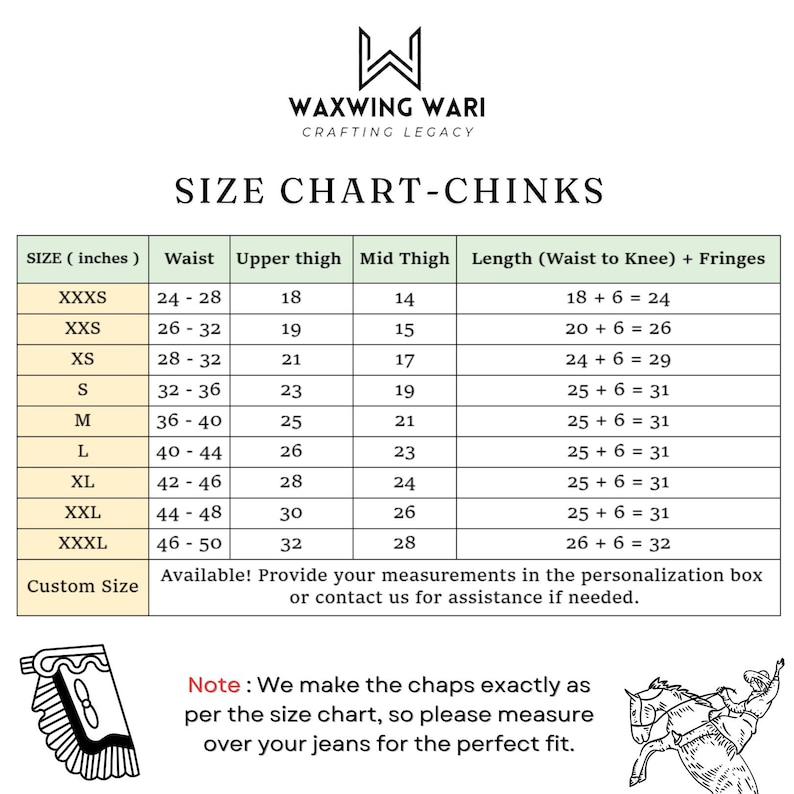 Op de afbeelding: Maattabel voor chinks, een type leren chaps, met maten in inches voor taille, bovenbeen, middenbeen en lengte. De tabel bevat maten van XXXS tot XXXL, met een optie voor een maat op maat.