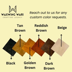 Op de afbeelding: Een kleurenkaart met verschillende bruintinten van leer. De kleuren zijn: zwart, goud bruin, donker bruin, roodbruin, lichtbruin en beige.