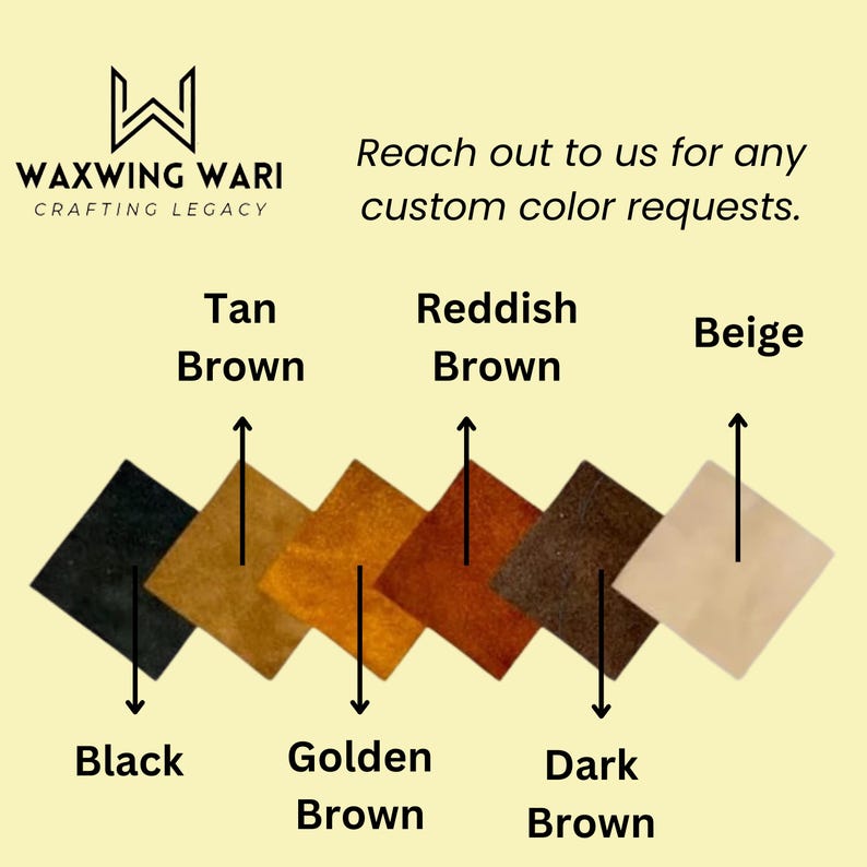 Op de afbeelding: Een kleurenkaart met verschillende bruintinten van leer. De kleuren zijn: zwart, goud bruin, donker bruin, roodbruin, lichtbruin en beige.