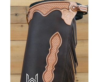 Black Leather Western Chinks: Basketweave Tooled Yoke, 6-Inch Fringes